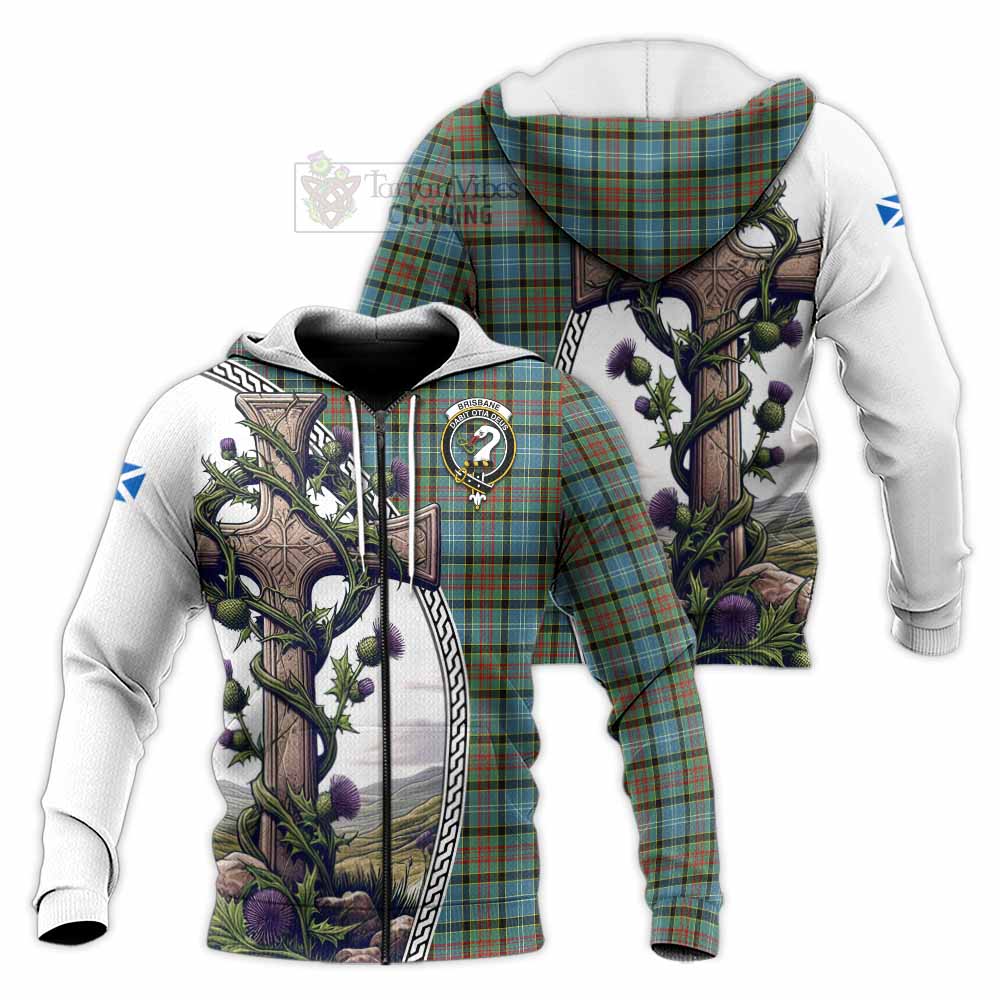 Tartan Vibes Clothing Brisbane Tartan Knitted Hoodie with Family Crest and St. Andrew's Cross Accented by Thistle Vines