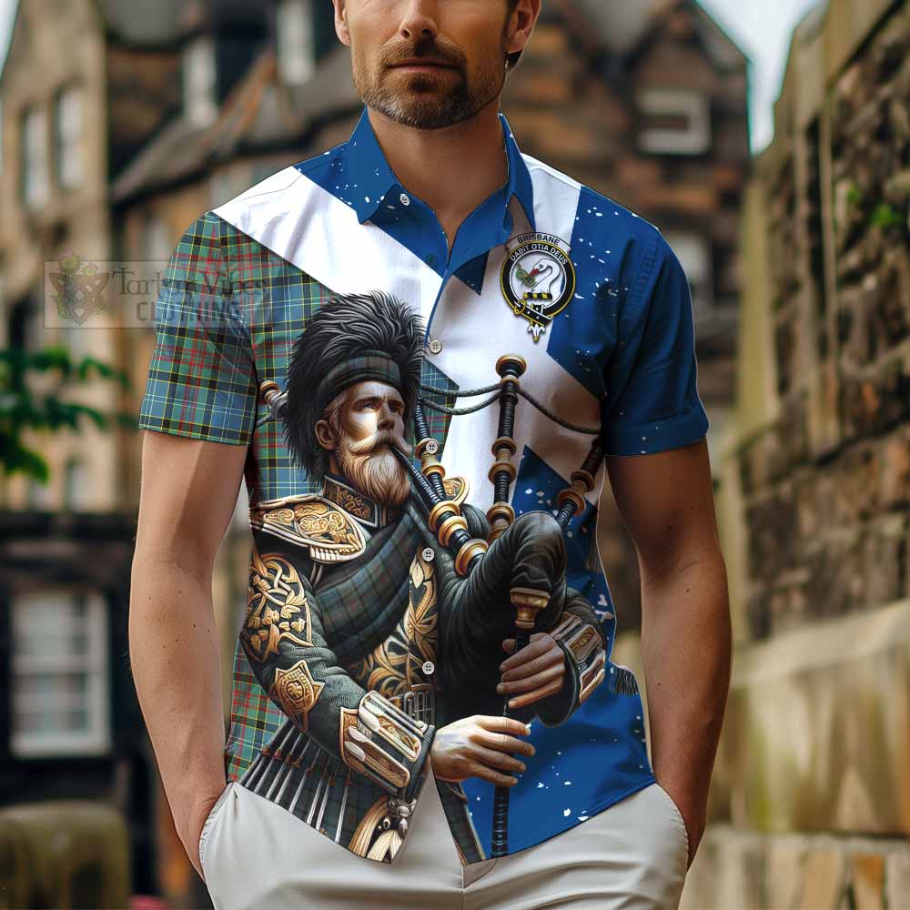 Tartan Vibes Clothing Brisbane Tartan Short Sleeve Button Shirt with Family Crest Scottish Bagpiper Vibes