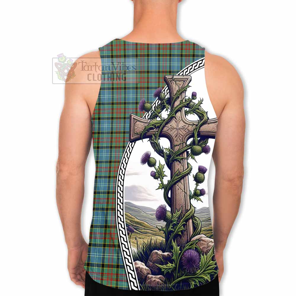 Tartan Vibes Clothing Brisbane Tartan Men's Tank Top with Family Crest and St. Andrew's Cross Accented by Thistle Vines