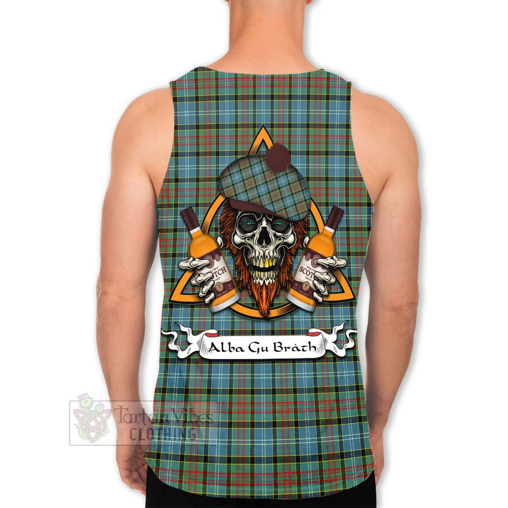 Tartan Vibes Clothing Brisbane Tartan Men's Tank Top with Family Crest and Bearded Skull Holding Bottles of Whiskey