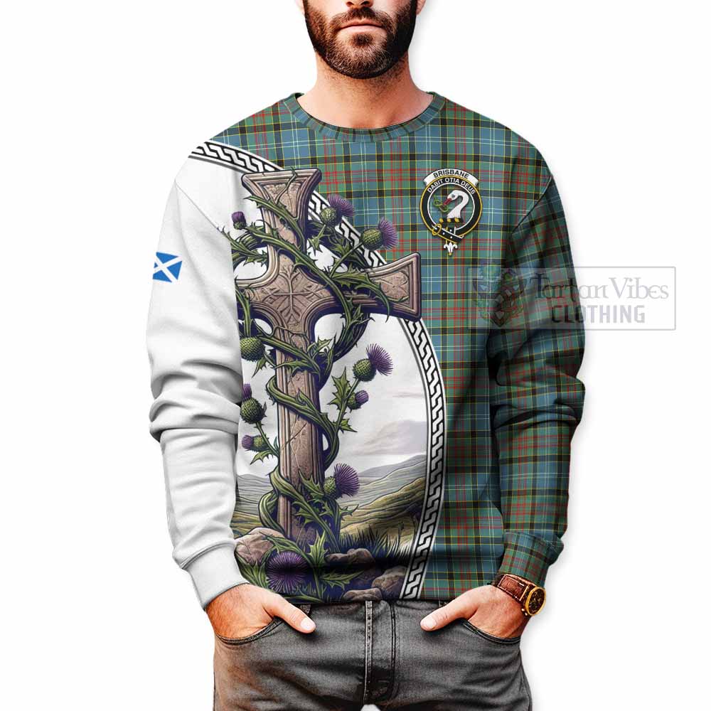 Tartan Vibes Clothing Brisbane Tartan Sweatshirt with Family Crest and St. Andrew's Cross Accented by Thistle Vines