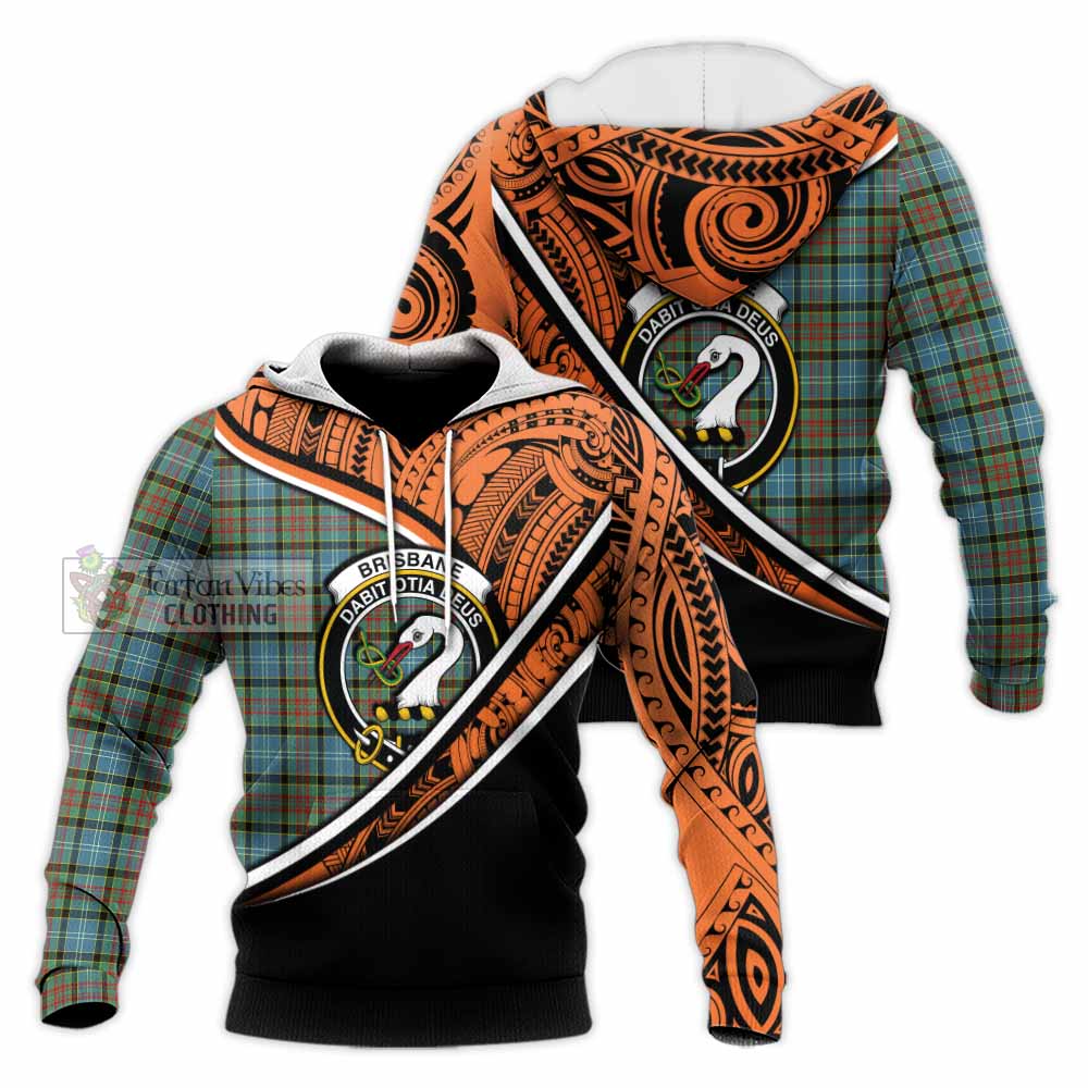 Tartan Vibes Clothing Brisbane Crest Tartan Knitted Hoodie with Maori Tattoo Style - Orange Version