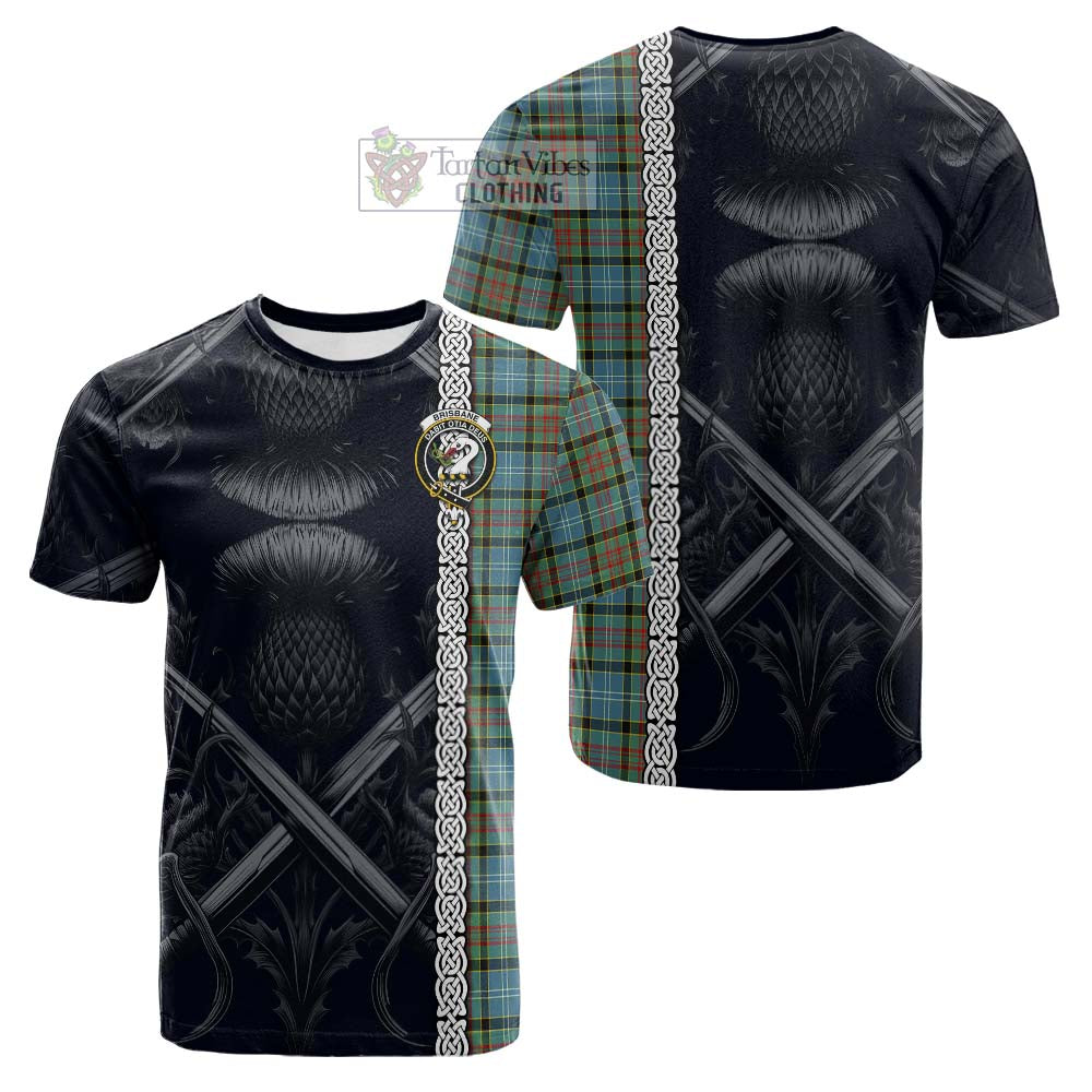 Tartan Vibes Clothing Brisbane Tartan Cotton T-shirt with Family Crest Cross Sword Thistle Celtic Vibes