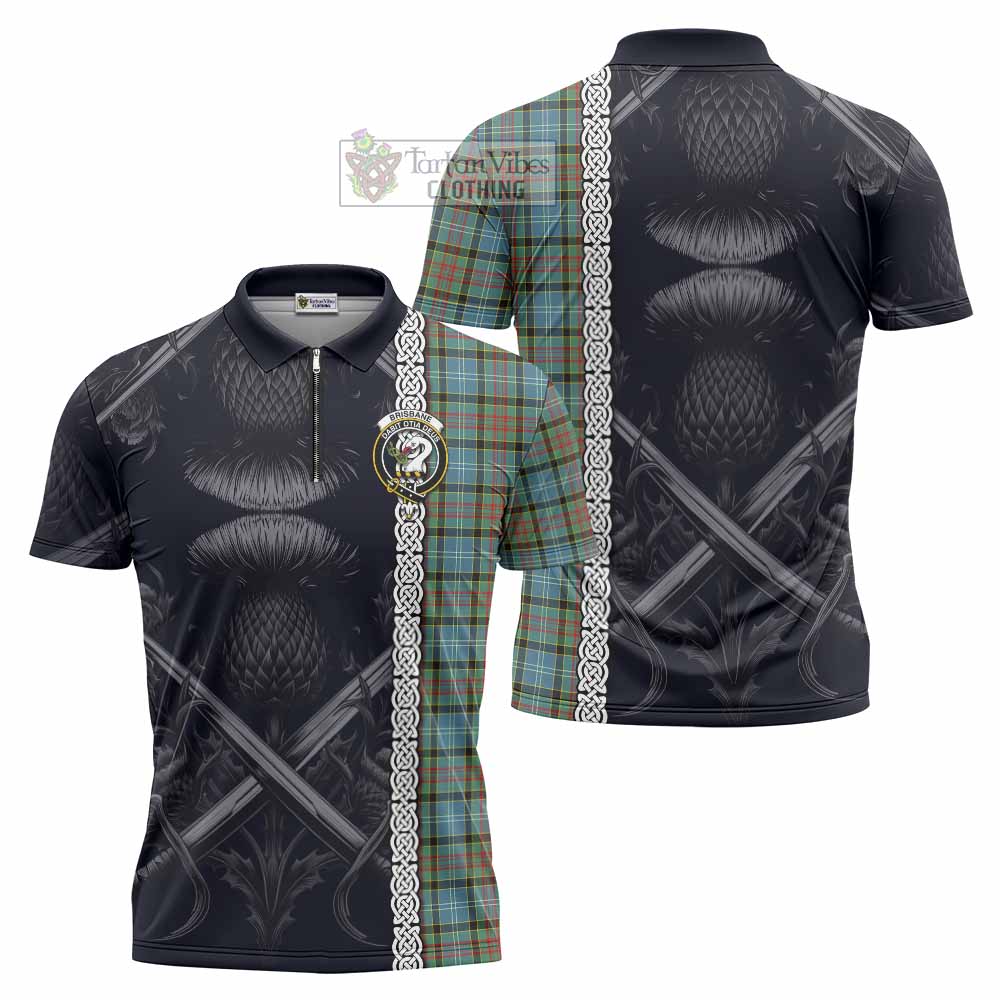 Tartan Vibes Clothing Brisbane Tartan Zipper Polo Shirt with Family Crest Cross Sword Thistle Celtic Vibes