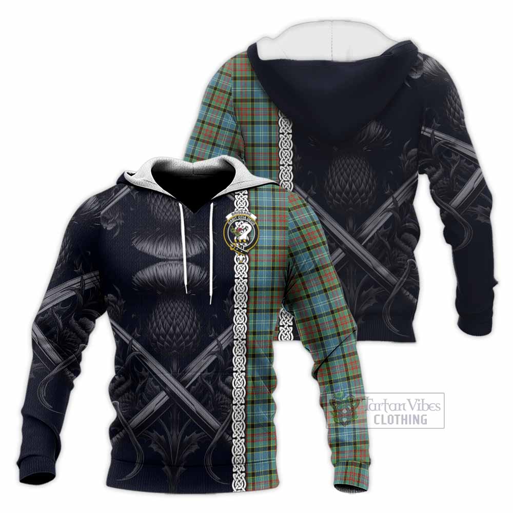 Tartan Vibes Clothing Brisbane Tartan Knitted Hoodie with Family Crest Cross Sword Thistle Celtic Vibes