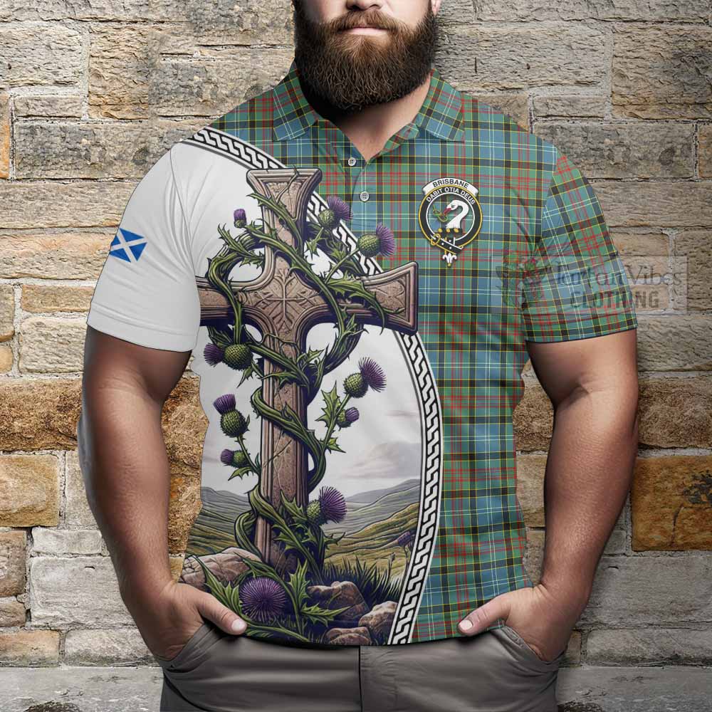 Tartan Vibes Clothing Brisbane Tartan Polo Shirt with Family Crest and St. Andrew's Cross Accented by Thistle Vines