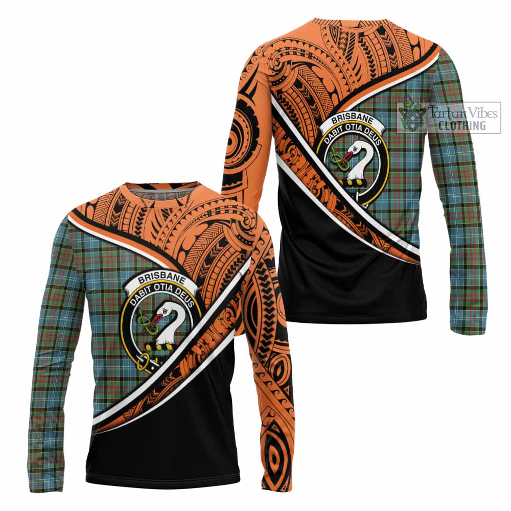 Tartan Vibes Clothing Brisbane Crest Tartan Long Sleeve T-Shirt with Maori Tattoo Style - Orange Version