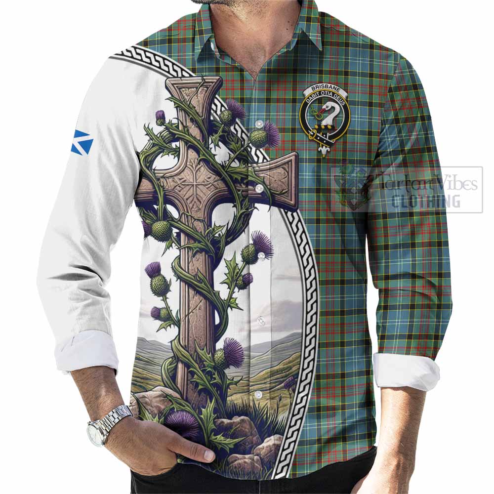 Tartan Vibes Clothing Brisbane Tartan Long Sleeve Button Shirt with Family Crest and St. Andrew's Cross Accented by Thistle Vines