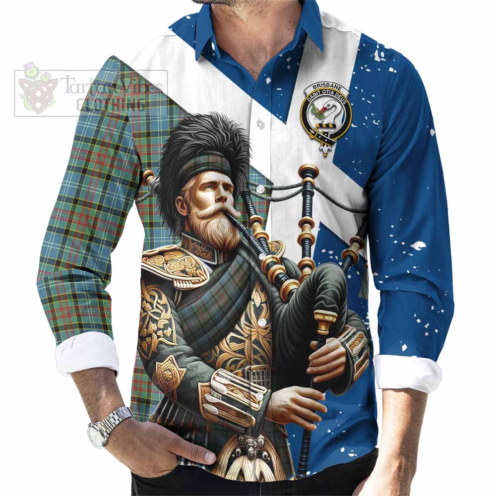 Tartan Vibes Clothing Brisbane Tartan Long Sleeve Button Shirt with Family Crest Scottish Bagpiper Vibes