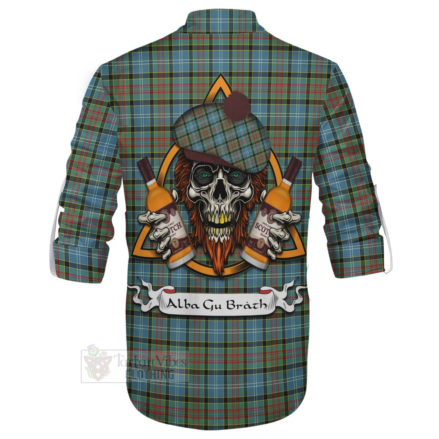 Tartan Vibes Clothing Brisbane Tartan Ghillie Kilt Shirt with Family Crest and Bearded Skull Holding Bottles of Whiskey