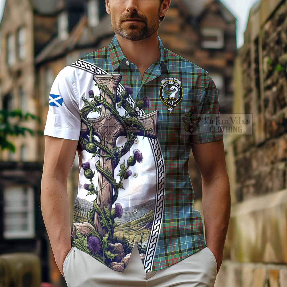 Tartan Vibes Clothing Brisbane Tartan Short Sleeve Button Shirt with Family Crest and St. Andrew's Cross Accented by Thistle Vines