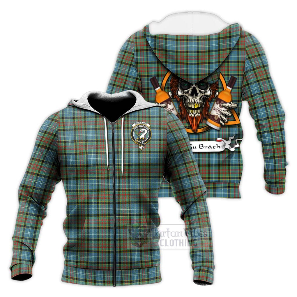 Tartan Vibes Clothing Brisbane Tartan Knitted Hoodie with Family Crest and Bearded Skull Holding Bottles of Whiskey