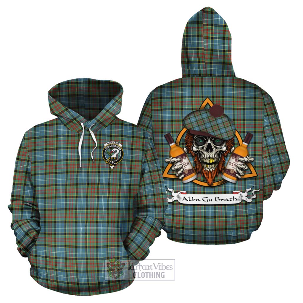 Tartan Vibes Clothing Brisbane Tartan Cotton Hoodie with Family Crest and Bearded Skull Holding Bottles of Whiskey