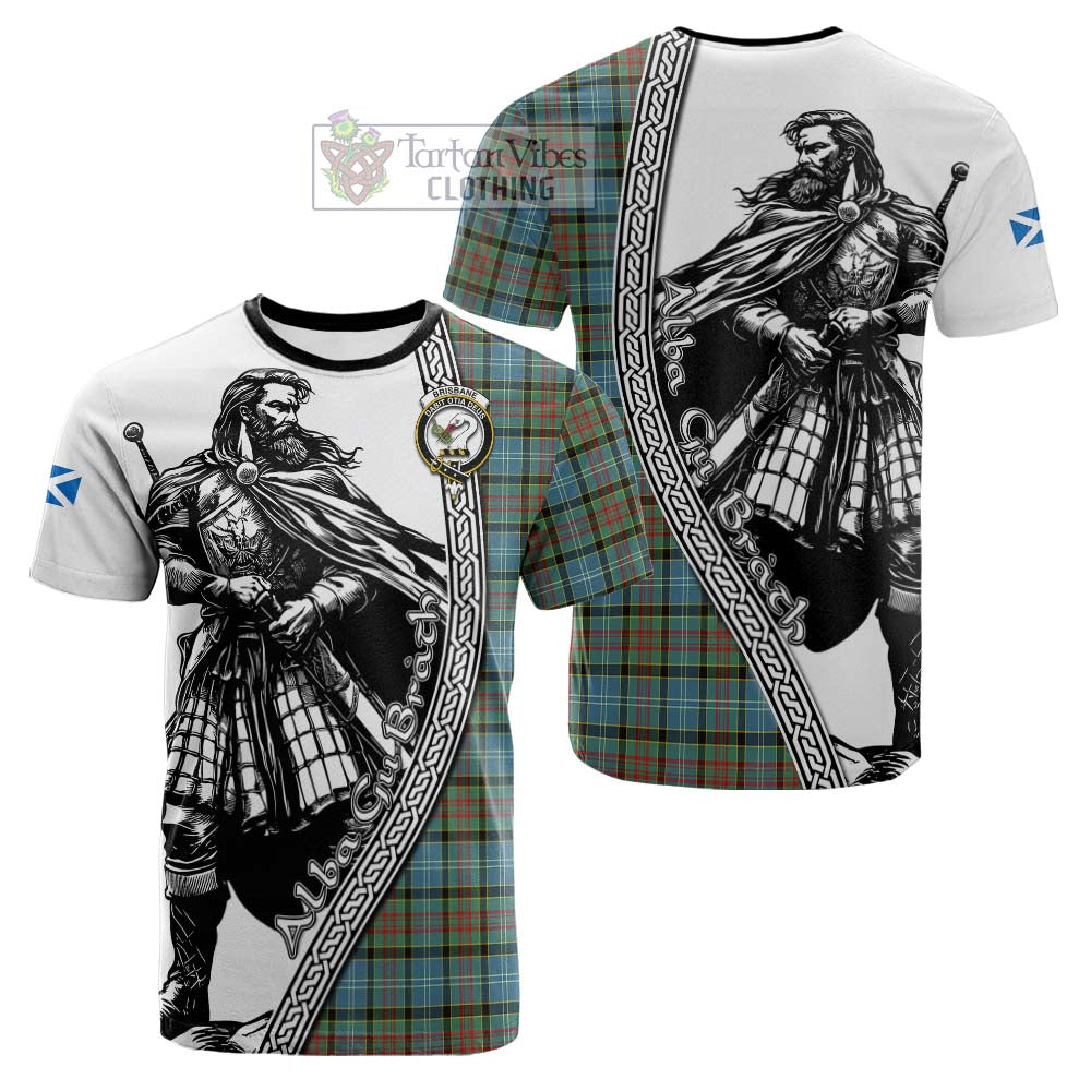 Brisbane Tartan Clan Crest Cotton T-shirt with Highlander Warrior Celtic Style