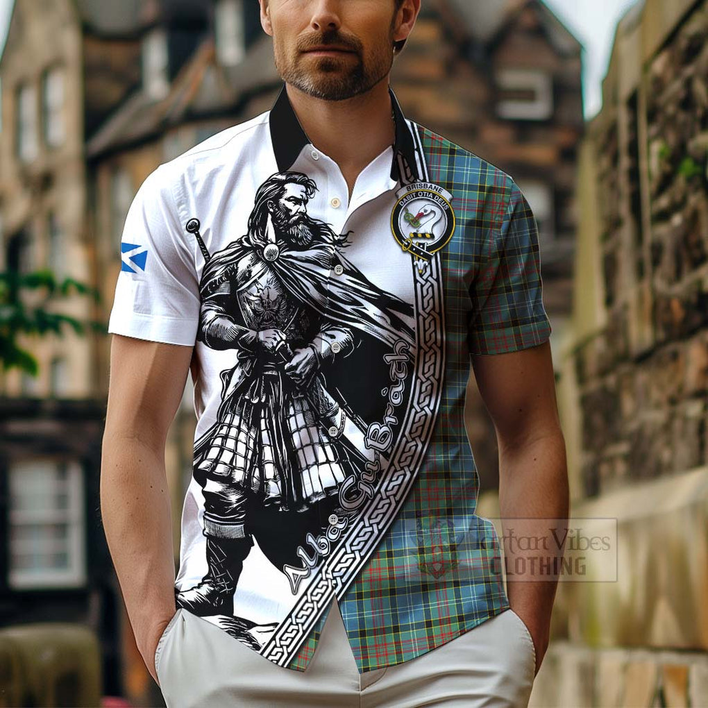 Tartan Vibes Clothing Brisbane Tartan Clan Crest Short Sleeve Button Shirt with Highlander Warrior Celtic Style