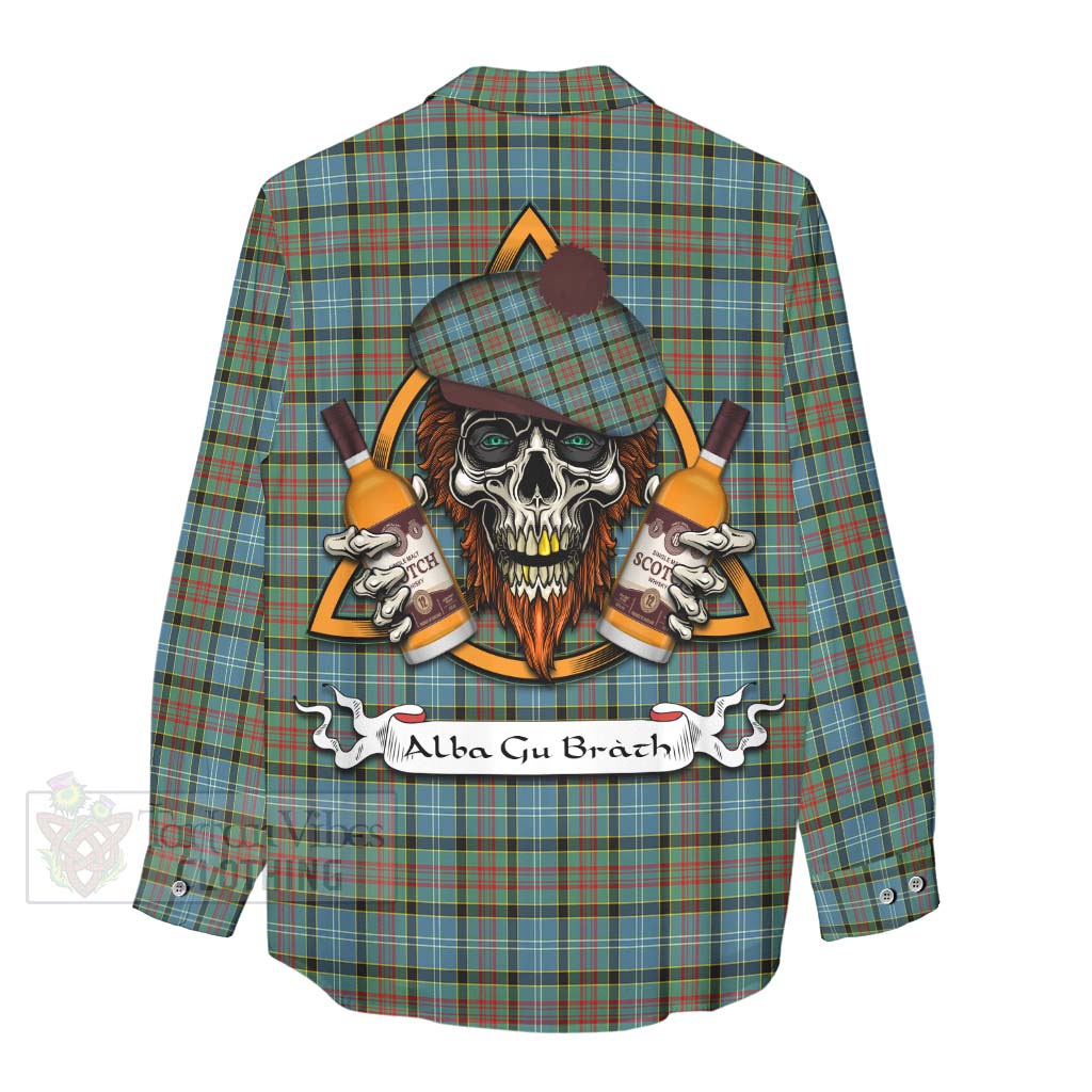 Tartan Vibes Clothing Brisbane Tartan Women's Casual Shirt with Family Crest and Bearded Skull Holding Bottles of Whiskey