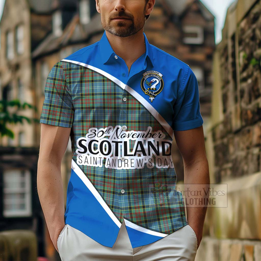 Tartan Vibes Clothing Brisbane Family Crest Tartan Short Sleeve Button Shirt Celebrate Saint Andrew's Day in Style