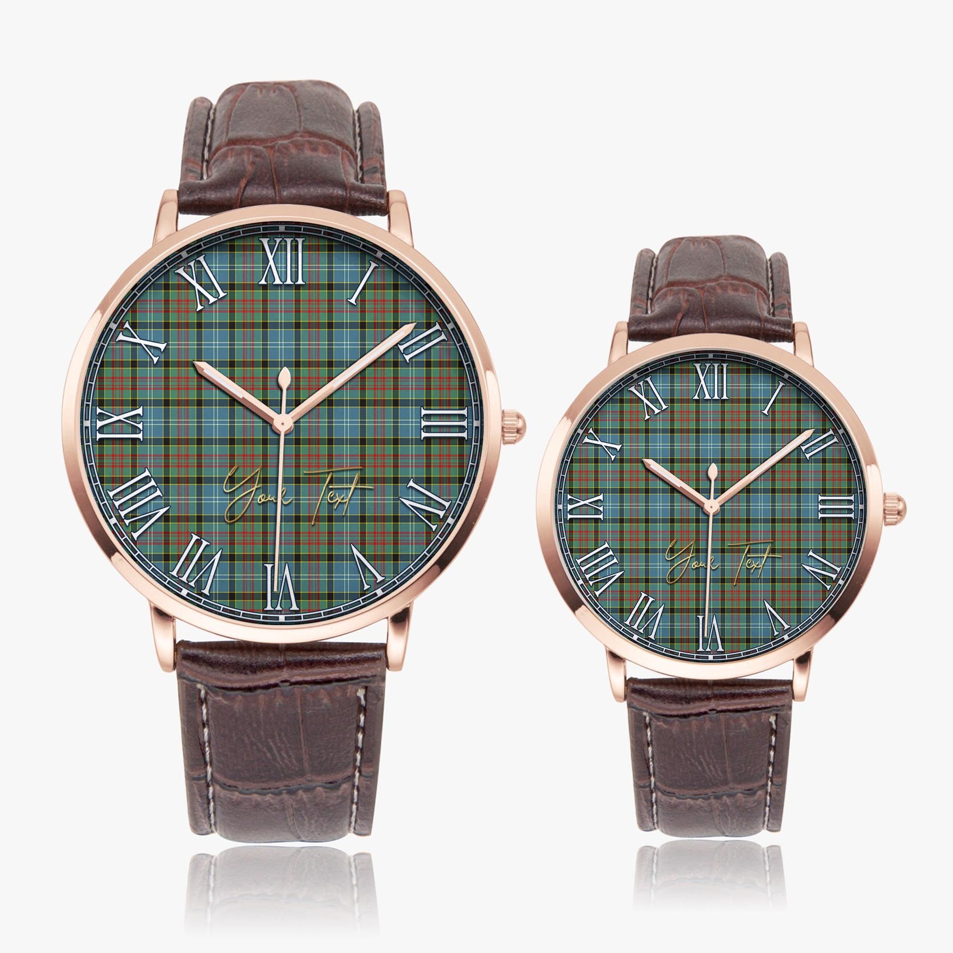 Brisbane modern Tartan Personalized Your Text Leather Trap Quartz Watch Ultra Thin Rose Gold Case With Brown Leather Strap - Tartanvibesclothing