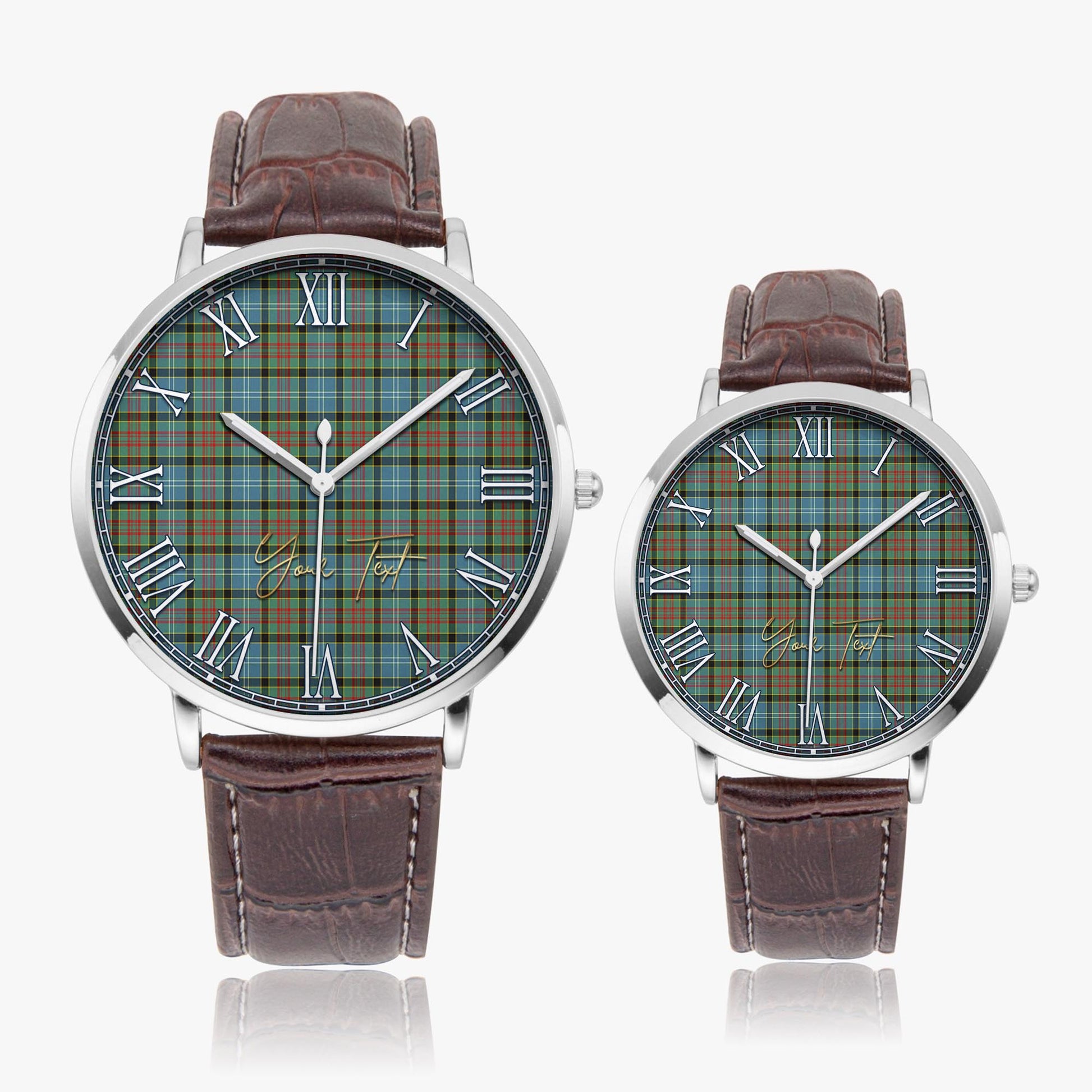 Brisbane modern Tartan Personalized Your Text Leather Trap Quartz Watch Ultra Thin Silver Case With Brown Leather Strap - Tartanvibesclothing