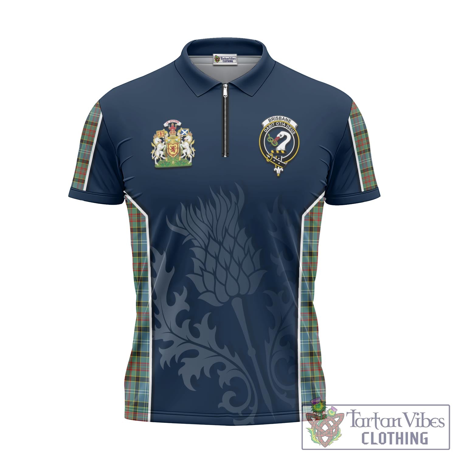 Tartan Vibes Clothing Brisbane modern Tartan Zipper Polo Shirt with Family Crest and Scottish Thistle Vibes Sport Style