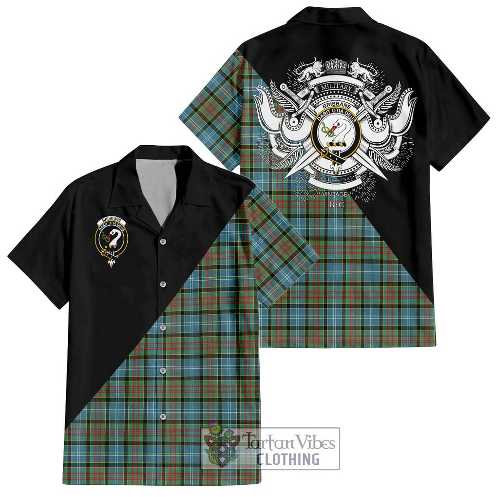 Brisbane Tartan Short Sleeve Button Shirt with Family Crest and Military Logo Style Kid - Tartanvibesclothing Shop