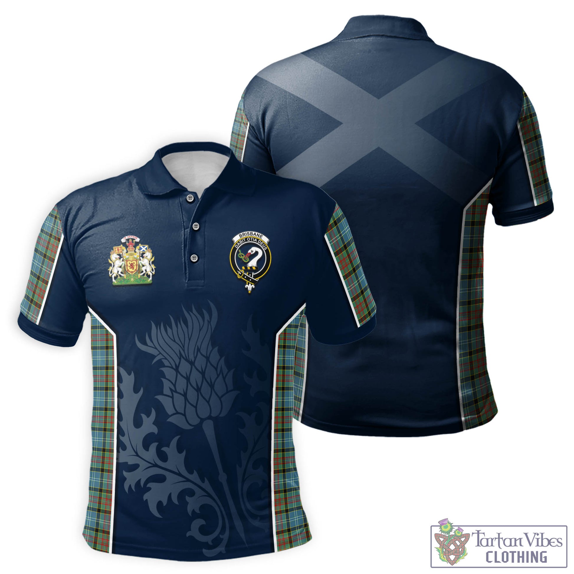 Tartan Vibes Clothing Brisbane modern Tartan Men's Polo Shirt with Family Crest and Scottish Thistle Vibes Sport Style