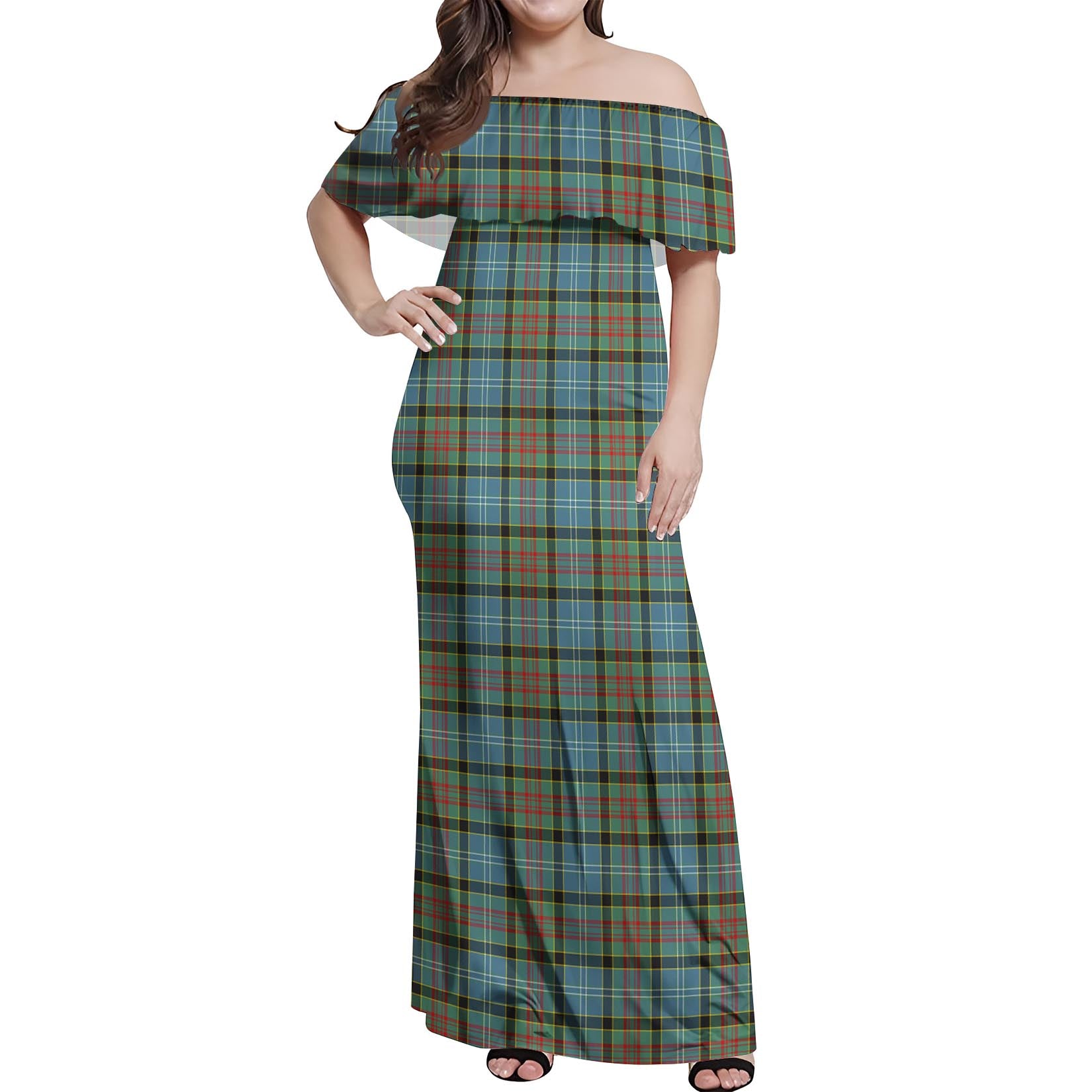 Brisbane modern Tartan Off Shoulder Long Dress Women's Dress - Tartanvibesclothing