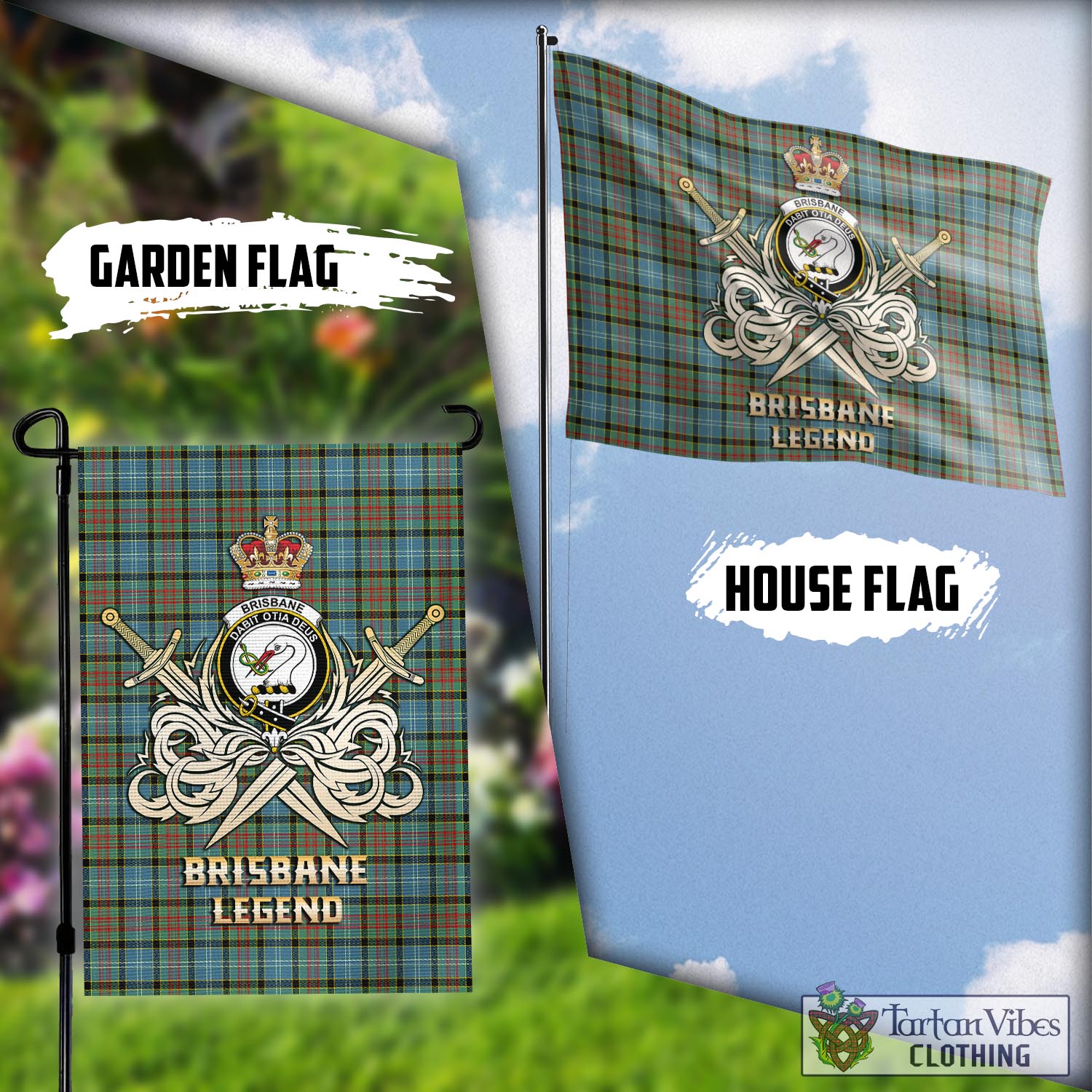 Tartan Vibes Clothing Brisbane modern Tartan Flag with Clan Crest and the Golden Sword of Courageous Legacy