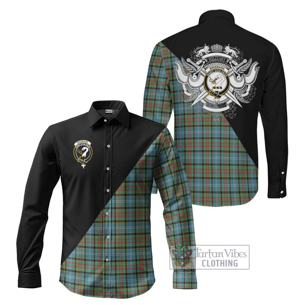 Brisbane Tartan Long Sleeve Button Shirt with Family Crest and Military Logo Style Men's Shirt S - Tartan Vibes Clothing