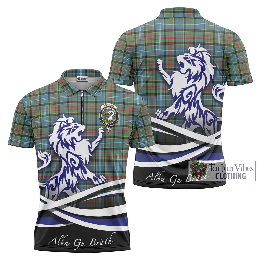 Brisbane Tartan Zipper Polo Shirt with Alba Gu Brath Regal Lion Emblem Unisex - Tartanvibesclothing Shop