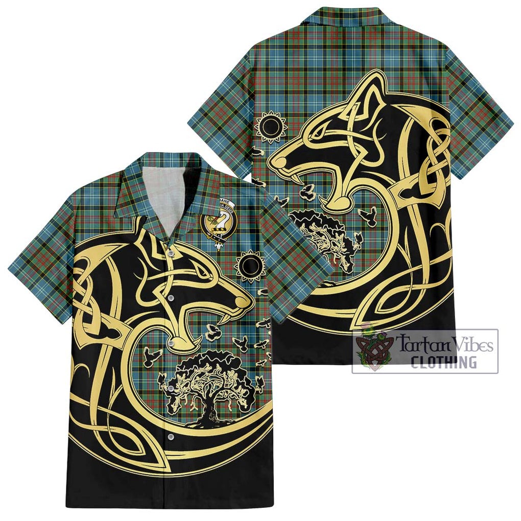 Brisbane Tartan Short Sleeve Button Shirt with Family Crest Celtic Wolf Style Kid - Tartan Vibes Clothing