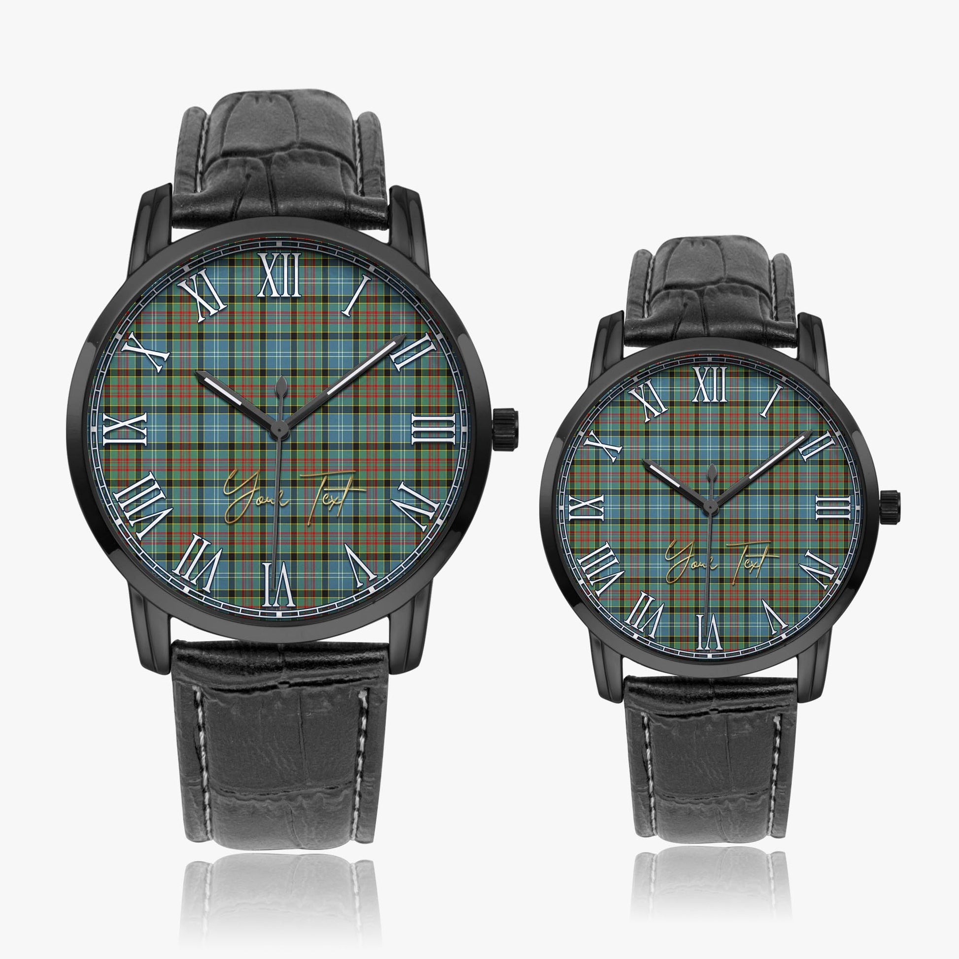 Brisbane modern Tartan Personalized Your Text Leather Trap Quartz Watch Wide Type Black Case With Black Leather Strap - Tartanvibesclothing