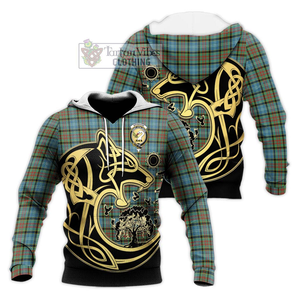 Brisbane Tartan Knitted Hoodie with Family Crest Celtic Wolf Style Unisex Knitted Pullover Hoodie - Tartan Vibes Clothing