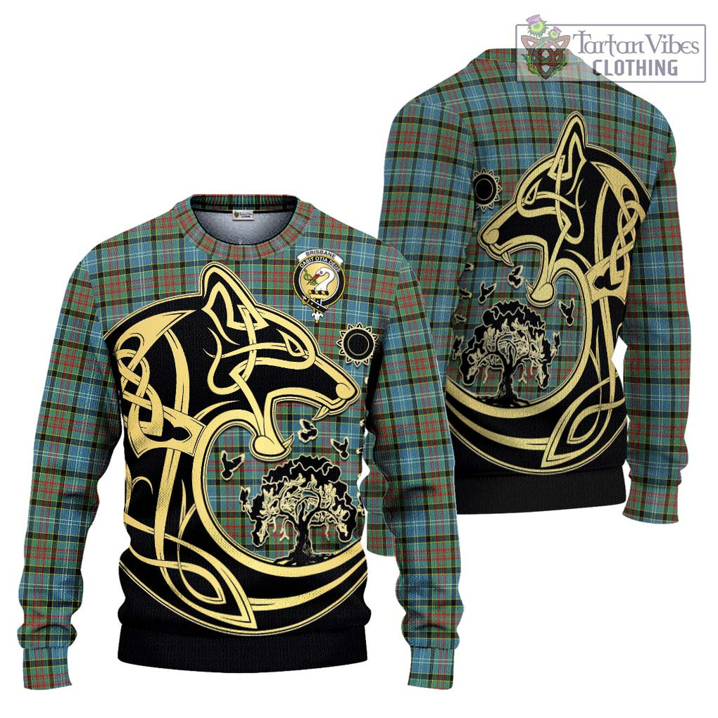 Brisbane Tartan Knitted Sweater with Family Crest Celtic Wolf Style Unisex - Tartan Vibes Clothing