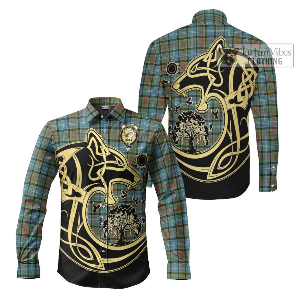 Brisbane Tartan Long Sleeve Button Shirt with Family Crest Celtic Wolf Style Men's Shirt S - Tartan Vibes Clothing