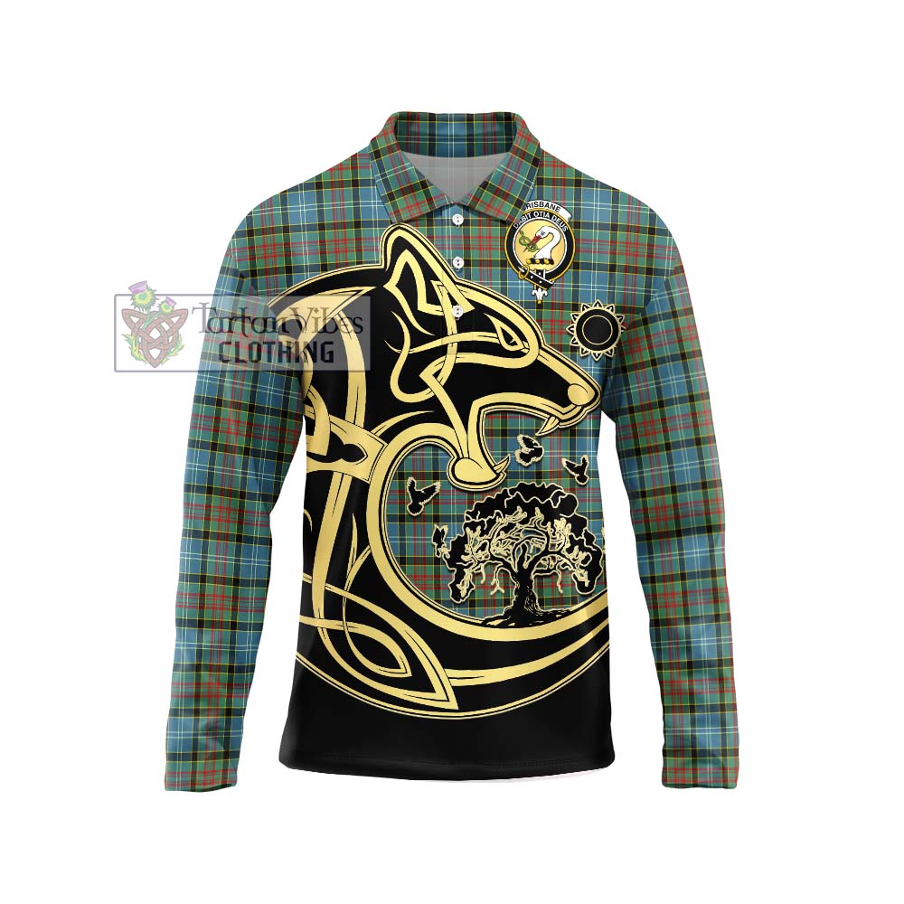 Brisbane Tartan Long Sleeve Polo Shirt with Family Crest Celtic Wolf Style Unisex - Tartanvibesclothing Shop