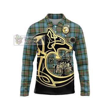 Brisbane Tartan Long Sleeve Polo Shirt with Family Crest Celtic Wolf Style