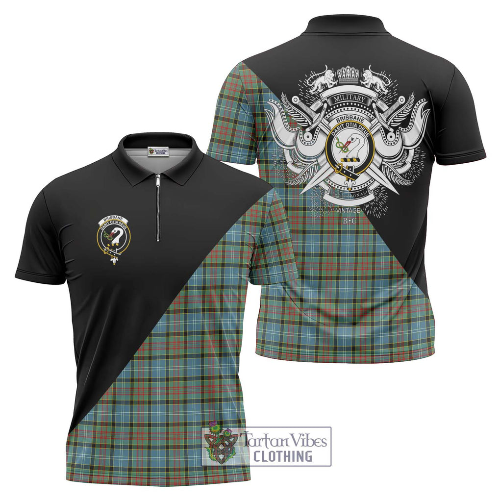 Brisbane Tartan Zipper Polo Shirt with Family Crest and Military Logo Style Unisex - Tartanvibesclothing Shop