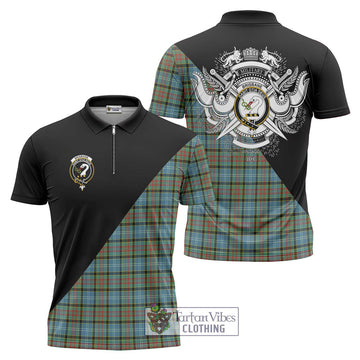 Brisbane Tartan Zipper Polo Shirt with Family Crest and Military Logo Style