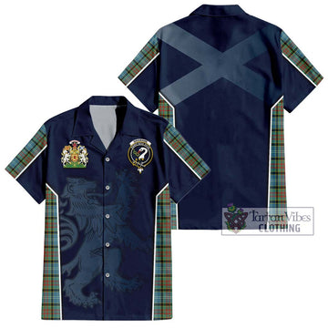 Brisbane Tartan Short Sleeve Button Shirt with Family Crest and Lion Rampant Vibes Sport Style