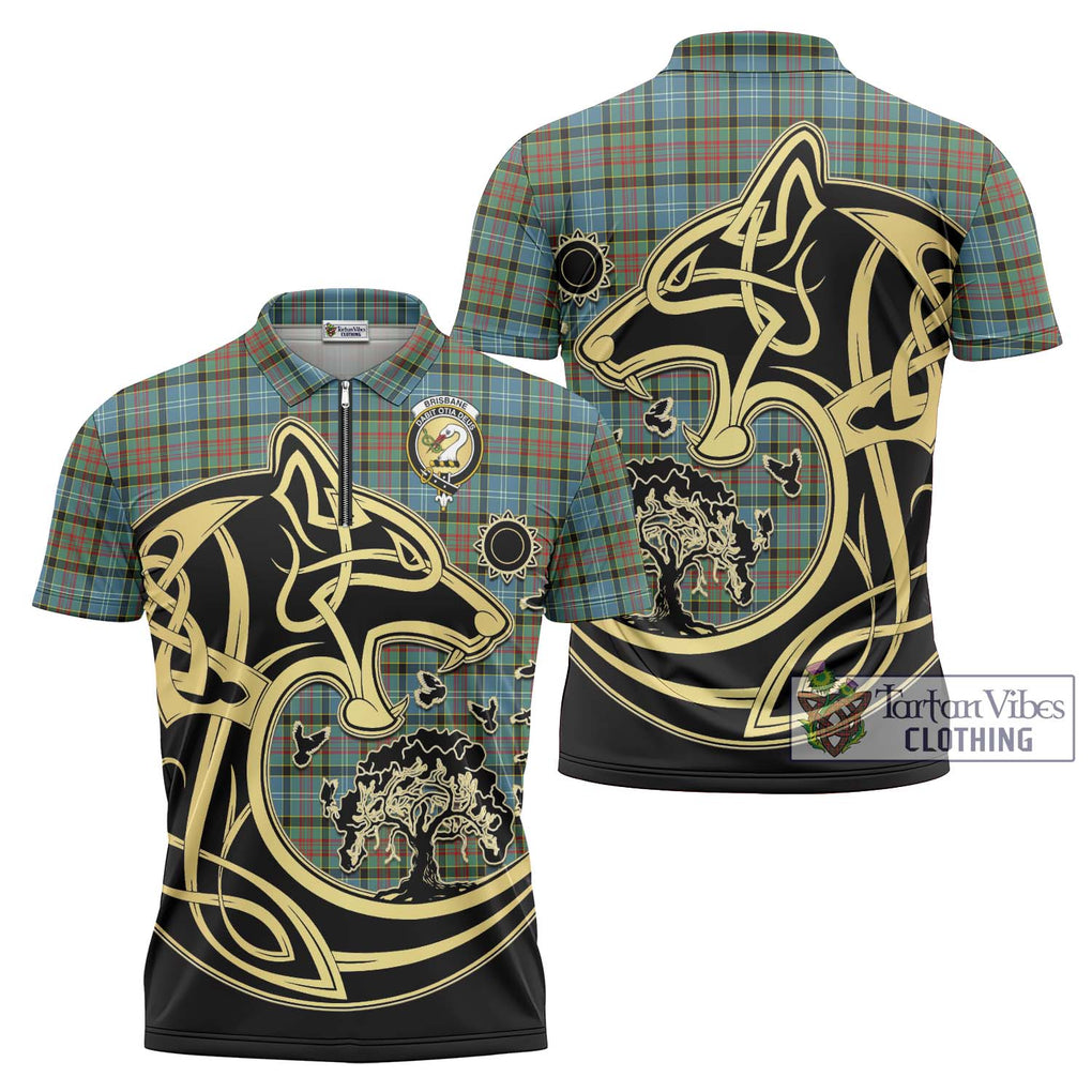 Brisbane Tartan Zipper Polo Shirt with Family Crest Celtic Wolf Style Unisex - Tartanvibesclothing Shop