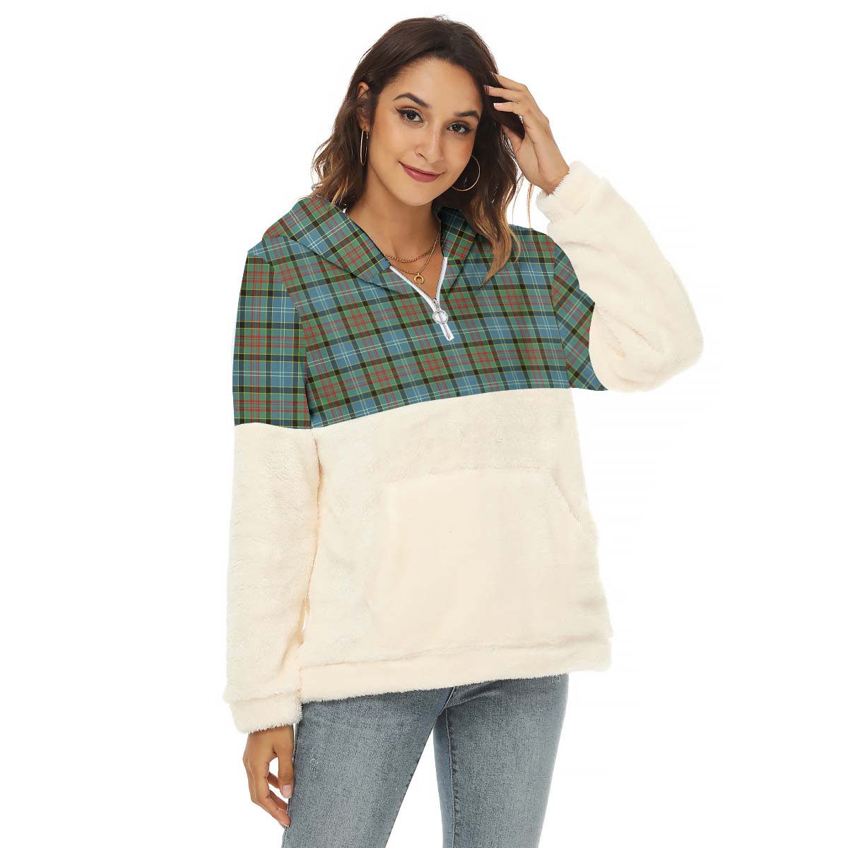 Brisbane modern Tartan Women's Borg Fleece Hoodie With Half Zip Female - Tartanvibesclothing