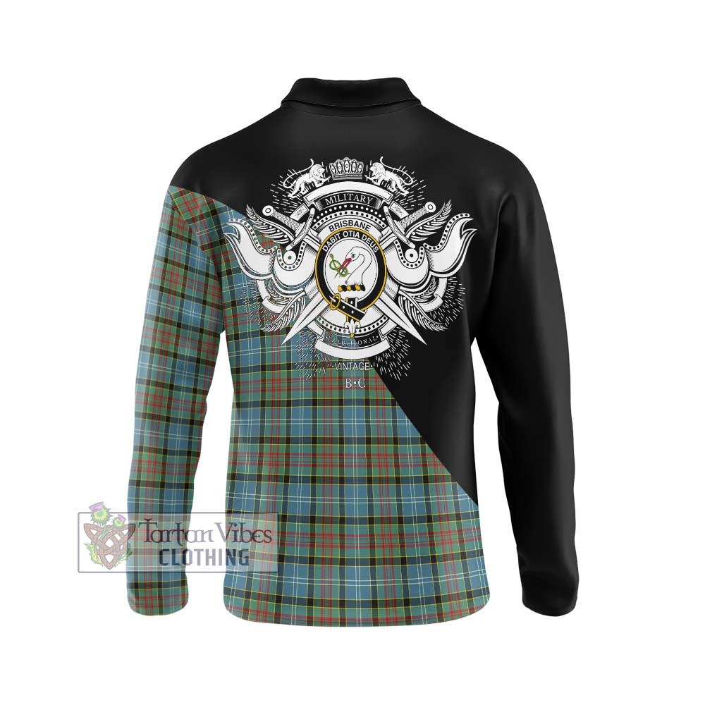 Brisbane Tartan Long Sleeve Polo Shirt with Family Crest and Military Logo Style - Tartanvibesclothing Shop