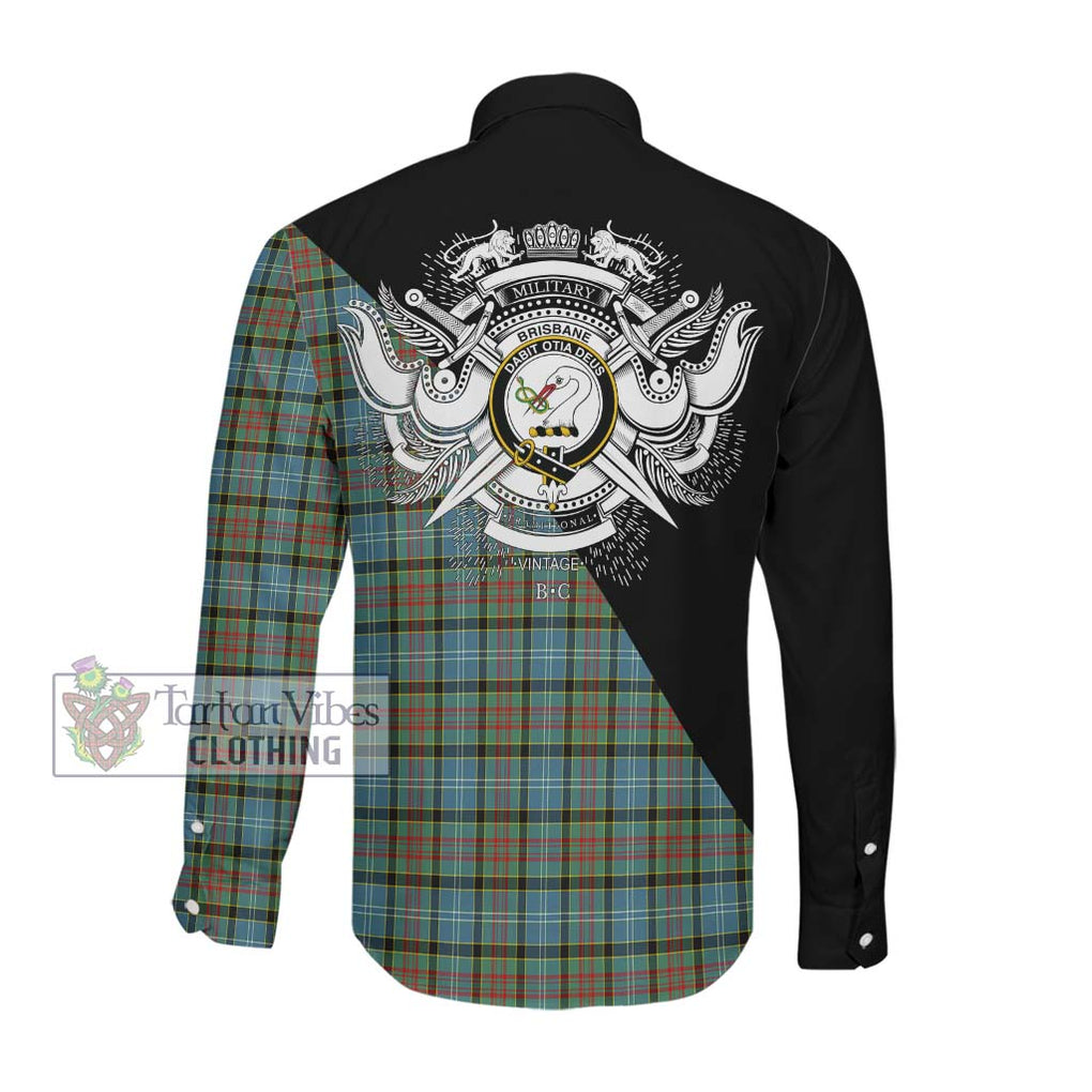 Brisbane Tartan Long Sleeve Button Shirt with Family Crest and Military Logo Style Men's Shirt - Tartan Vibes Clothing