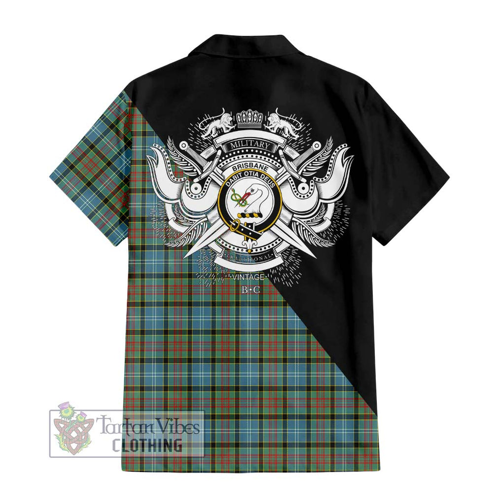 Brisbane Tartan Short Sleeve Button Shirt with Family Crest and Military Logo Style - Tartanvibesclothing Shop