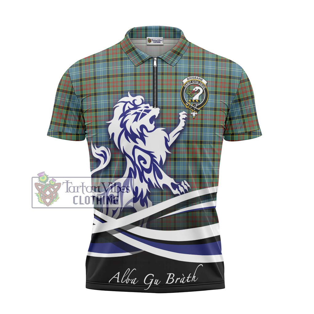 Brisbane Tartan Zipper Polo Shirt with Alba Gu Brath Regal Lion Emblem - Tartanvibesclothing Shop