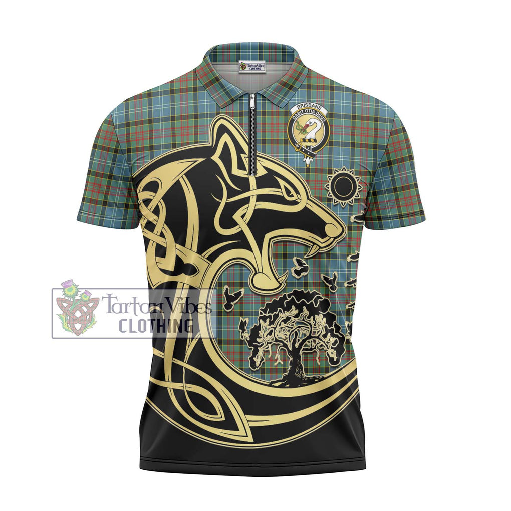 Brisbane Tartan Zipper Polo Shirt with Family Crest Celtic Wolf Style - Tartanvibesclothing Shop