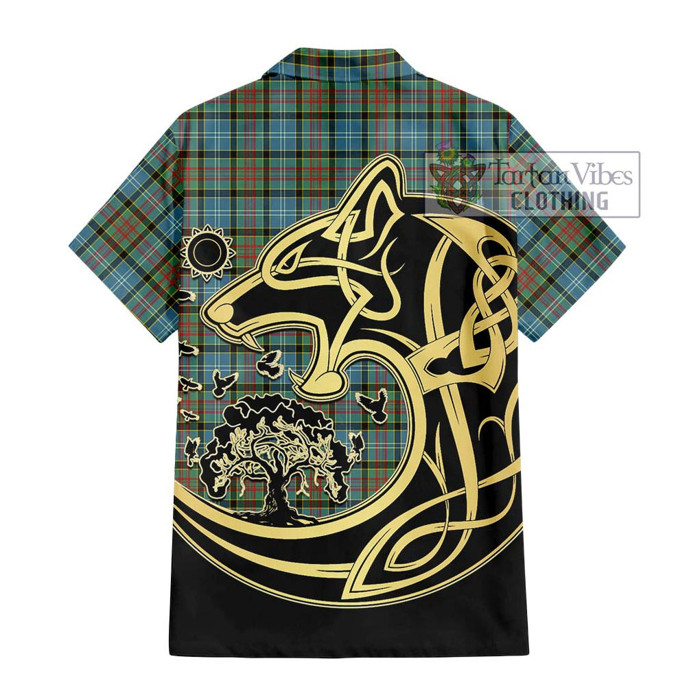 Brisbane Tartan Short Sleeve Button Shirt with Family Crest Celtic Wolf Style - Tartan Vibes Clothing