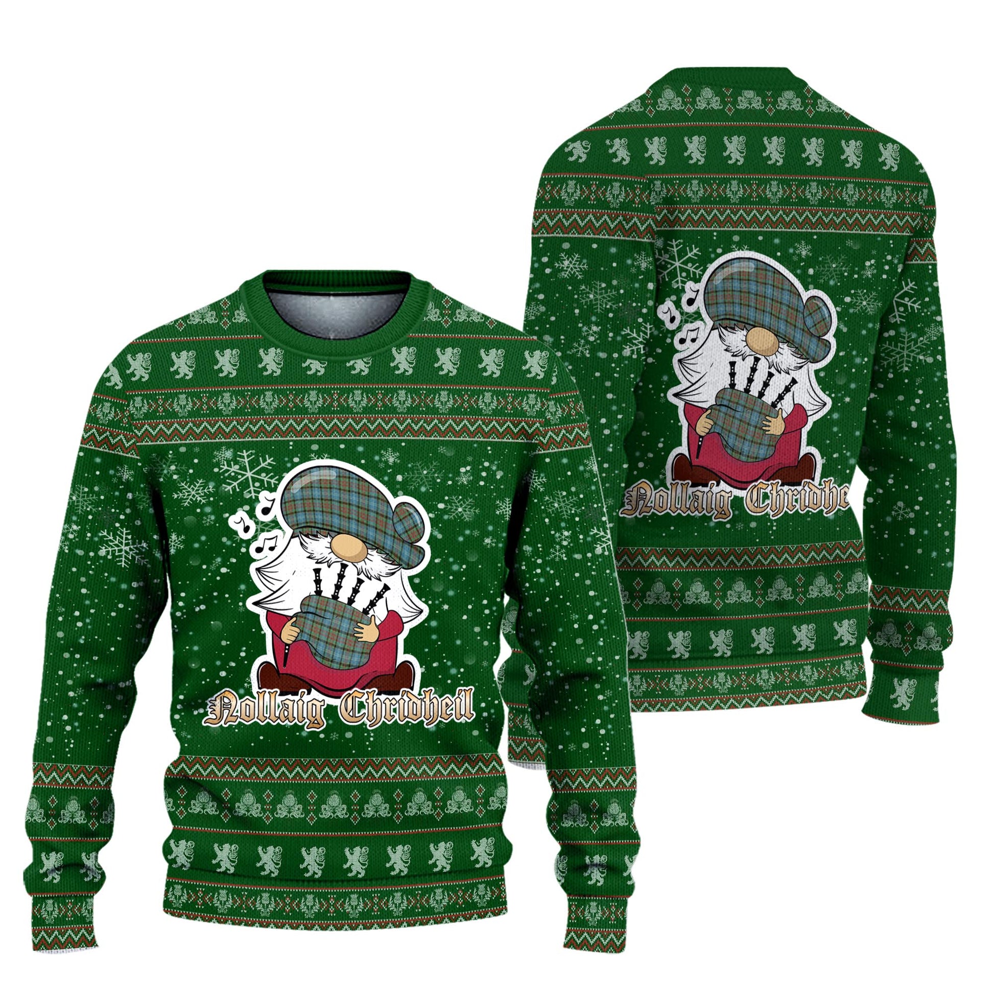 Brisbane modern Clan Christmas Family Knitted Sweater with Funny Gnome Playing Bagpipes Unisex Green - Tartanvibesclothing