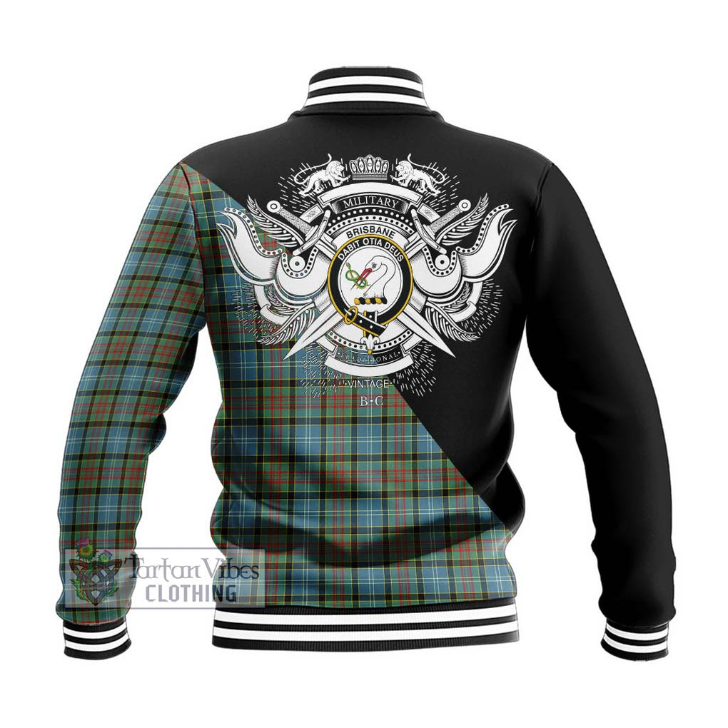 Brisbane Tartan Baseball Jacket with Family Crest and Military Logo Style - Tartanvibesclothing Shop